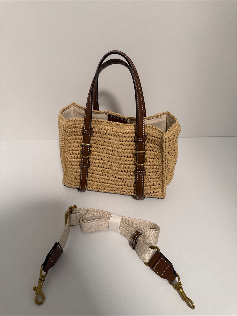 Zara Beige Woven Crossbody Bag with Brown Leather Handles